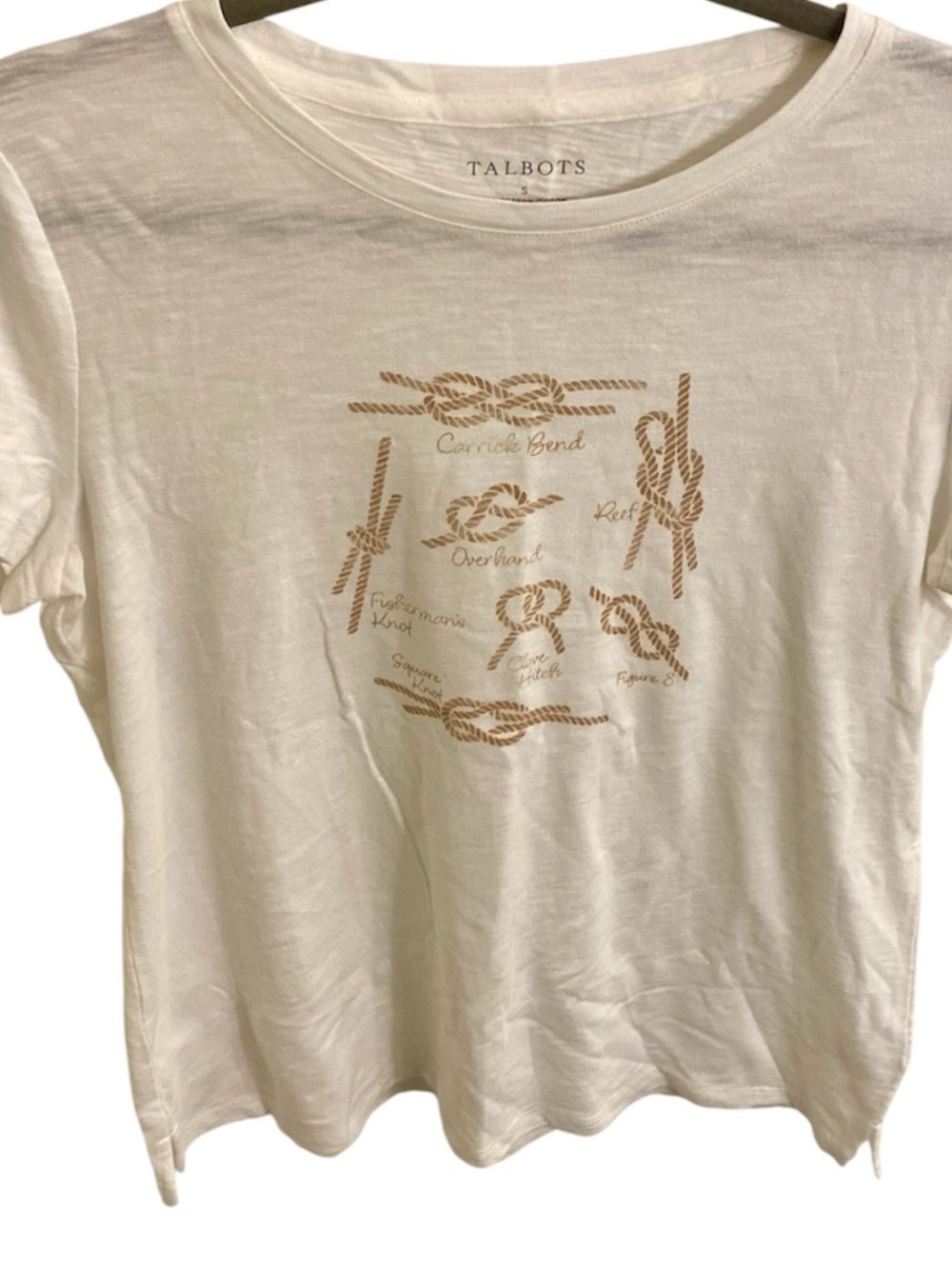 TALBOTS SAILING KNOTS TSHIRT NAUTICAL COASTAL TEE SIZE SMALL WHITE & BROWN NWT